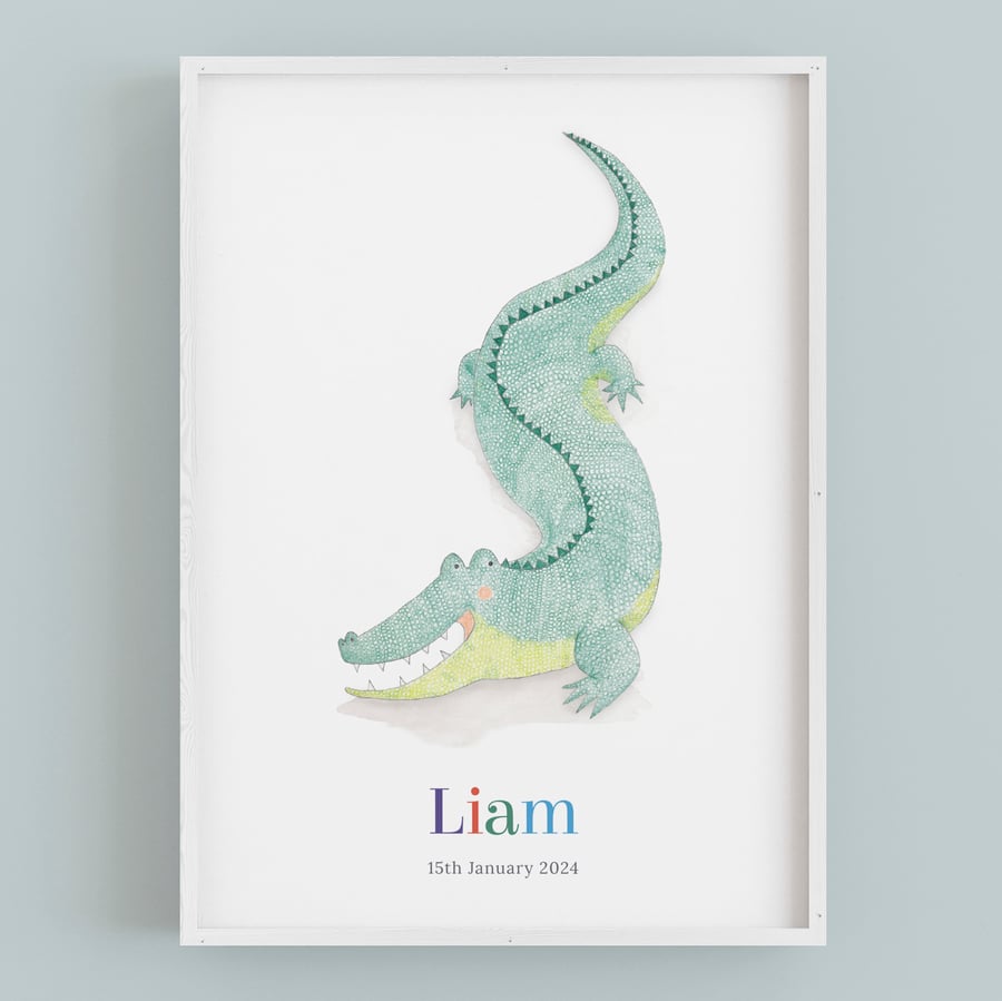 Crocodile personalised print: Safari kids decor, Baby's 1st birthday present