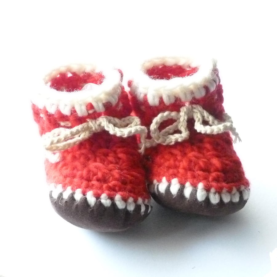 Wool & leather baby boots - Red and white- 6-12 months
