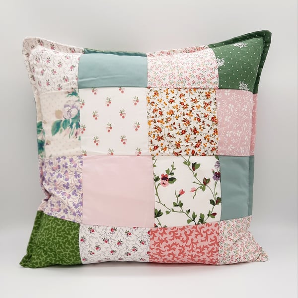 Patchwork cushion cover with zip. Pink and green theme.  