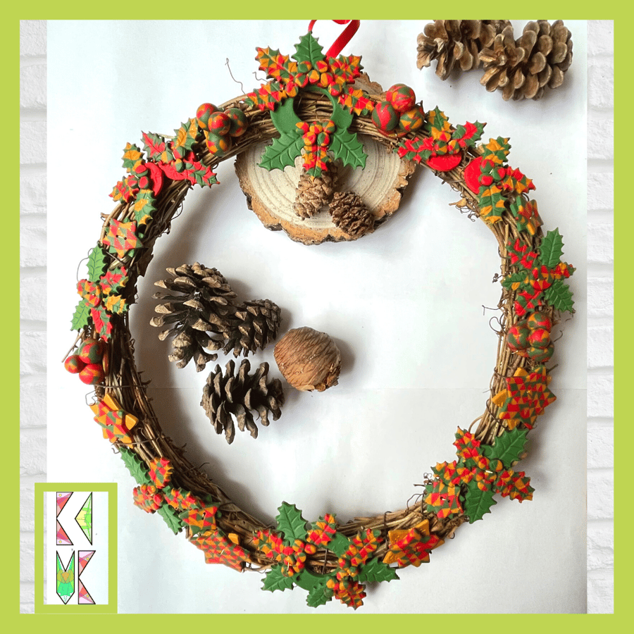 Christmas Wreath - One-of-a-Kind, Festive, Clay & Rattan, Handcrafted in Wales