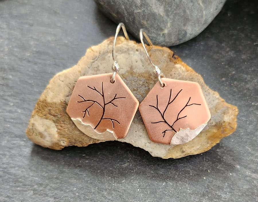 Tree landscape hexagon shaped earrings in copper and sterling silver