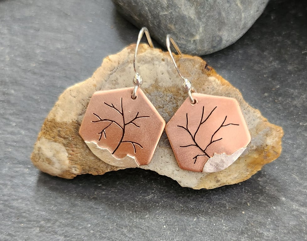 Tree landscape hexagon shaped earrings in copper and sterling silver