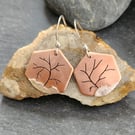 Tree landscape hexagon shaped earrings in copper and sterling silver