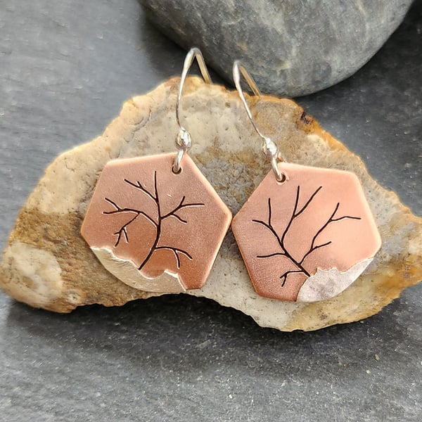 Tree landscape hexagon shaped earrings in copper and sterling silver