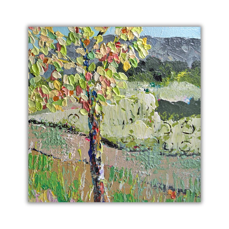 Green landscape - acrylic on canvas - large tree - letterbox gift