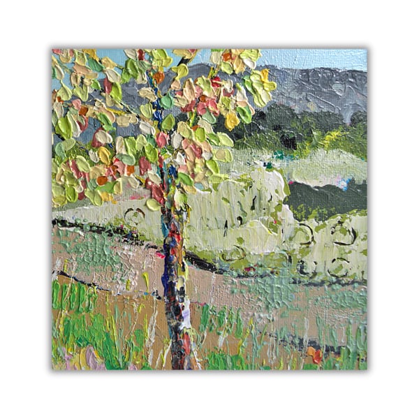 Green landscape - acrylic on canvas - large tree - letterbox gift