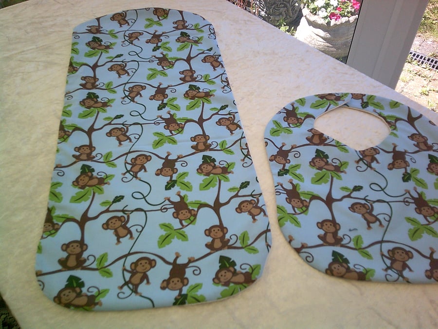 Monkeys Swinging in Trees Burp Cloth and Bib Set