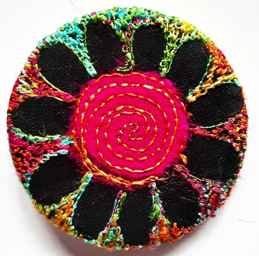 38mm Badge Hand Dyed Fabric Floral badge with Free Machine Embroidery 