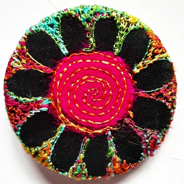38mm Badge Hand Dyed Fabric Floral badge with Free Machine Embroidery 