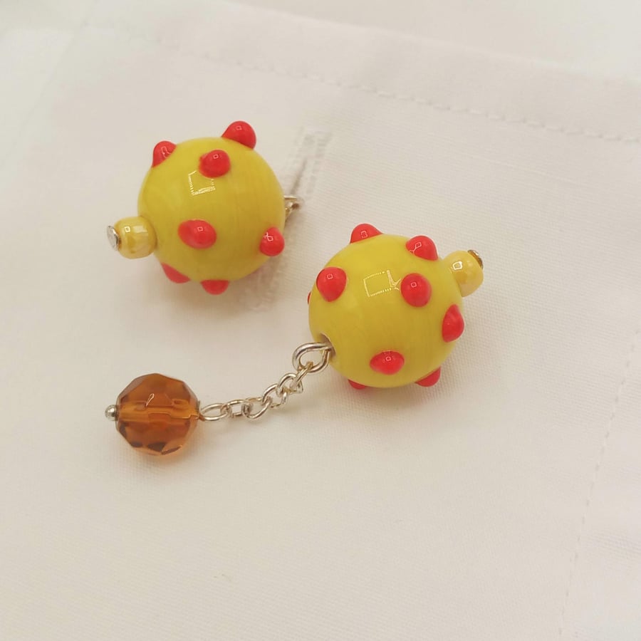 Men's Yellow Beaded Cufflinks with Red Spots, Men's Jewellery, Father's Day Gift