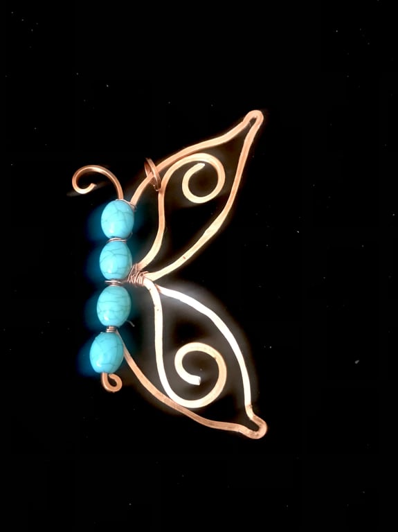 Butterfly Pendant - Turquoise Beads- Solid Copper 16” 100% Leather Cord