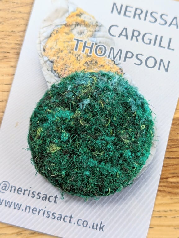 Green Moss Abstract Embellished Recycled Textile 38mm Brooches 