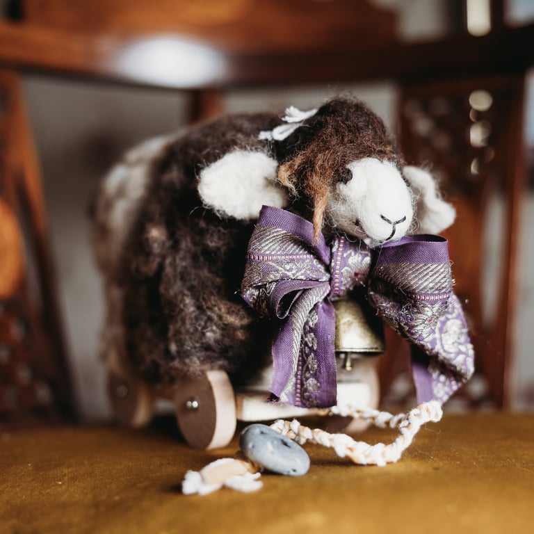 Pure wool sheep on wheels, art doll Clive, pull along farm animal
