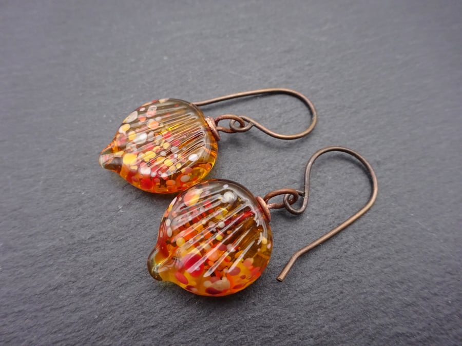 copper earrings, autumn lampwork glass leaves