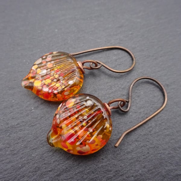 copper earrings, autumn lampwork glass leaves