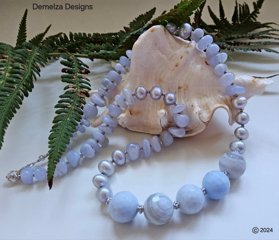 Designer Statement Blue Lace Agate & Freshwater Culture Pearl Necklace 