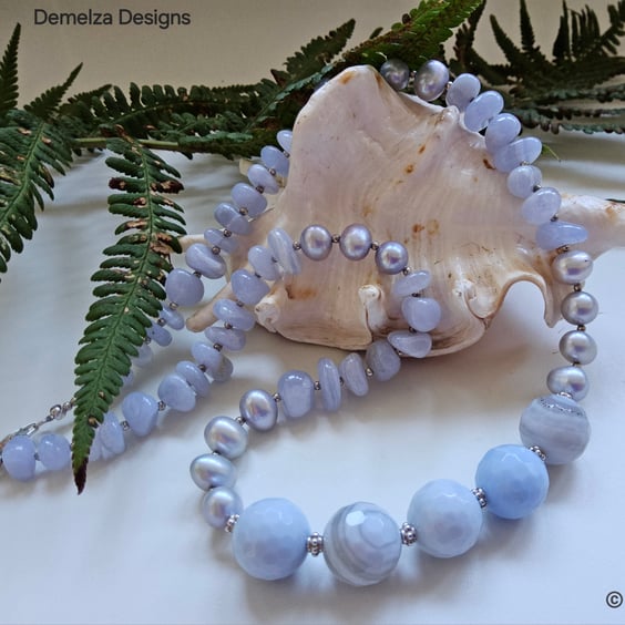 Designer Statement Blue Lace Agate & Freshwater Culture Pearl Necklace 