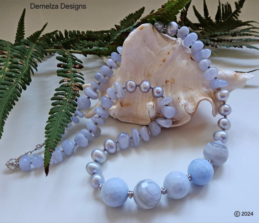 Designer Statement Blue Lace Agate & Freshwater Culture Pearl Necklace 