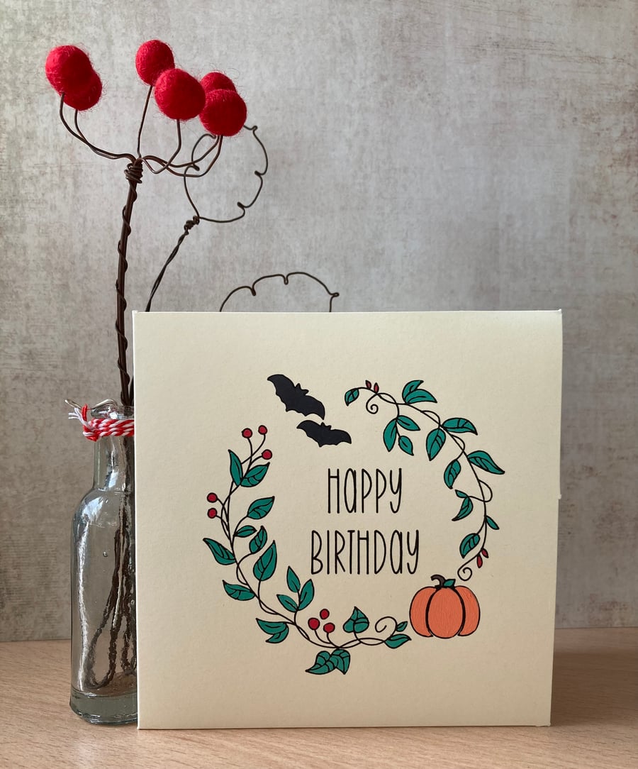 October Birthday - Seasonal Birthday card - pumpkins and bats