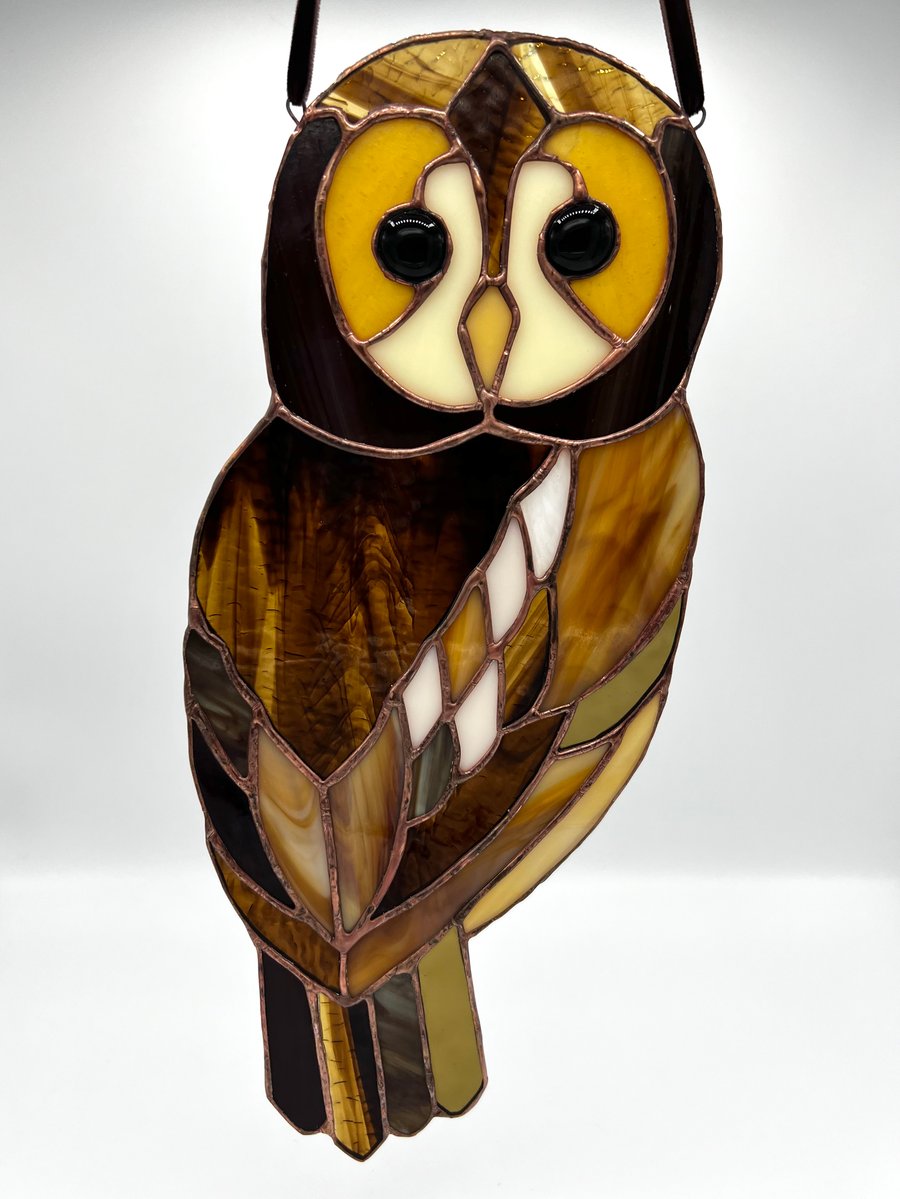 Stained Glass tawny owl with vintage glass - gift for bird lovers