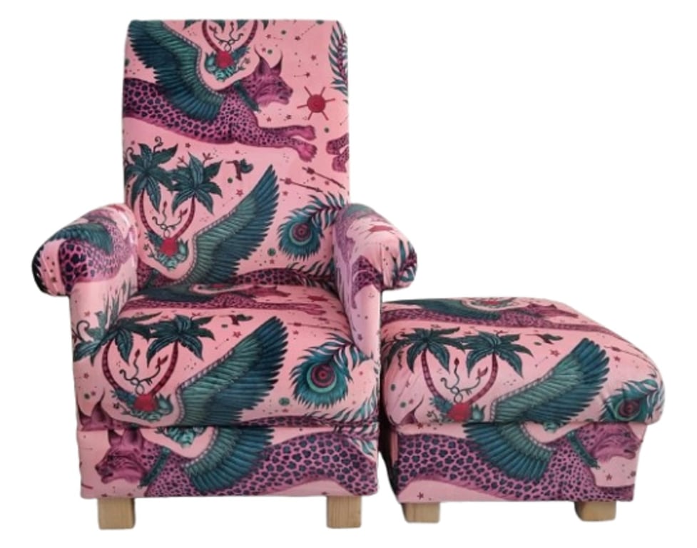 Emma Shipley Lynx Coral Pink Velvet Fabric Adult Chair & Footstool Armchair Cats