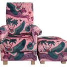Emma Shipley Lynx Coral Pink Velvet Fabric Adult Chair & Footstool Armchair Cats