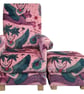 Emma Shipley Lynx Coral Pink Velvet Fabric Adult Chair & Footstool Armchair Cats