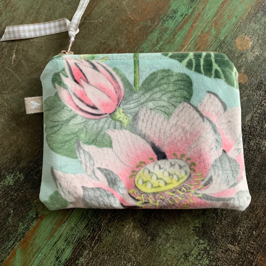 Waterlily velvet and denim coin purse
