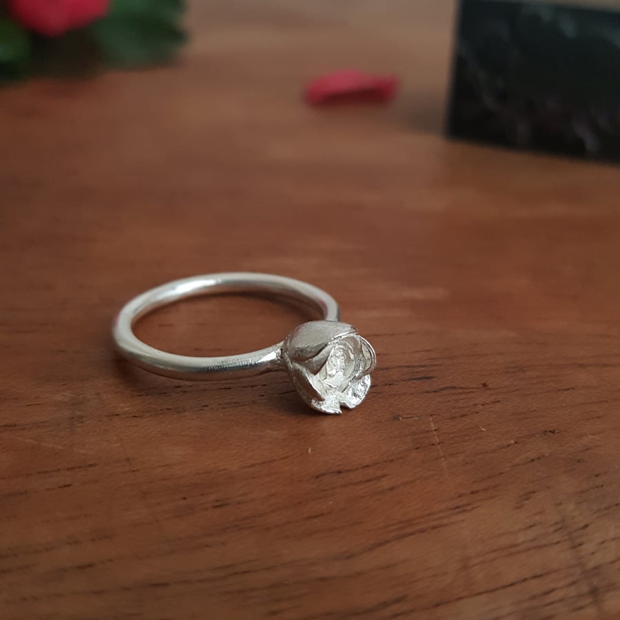 Silver Rose Ring, Handmade Rosebud Flower Ring