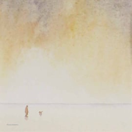 By your side dog walking on a beach at sunset original watercolour painting