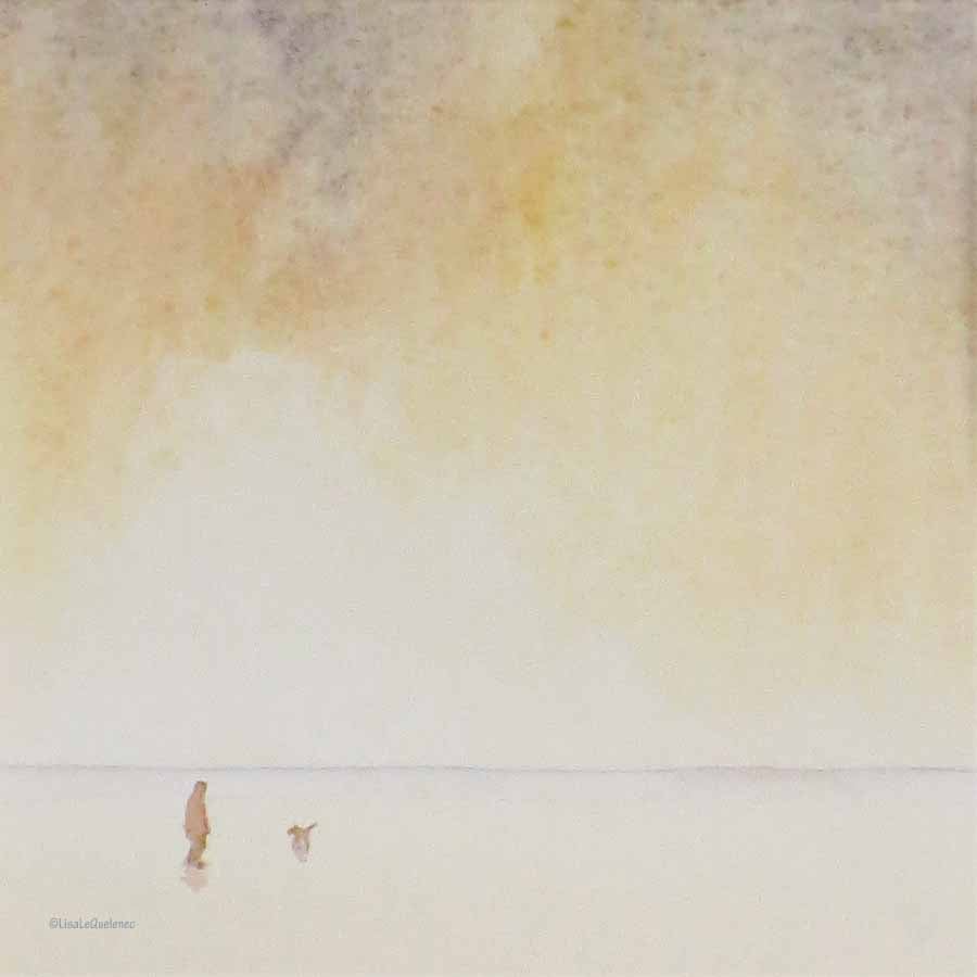 By your side dog walking on a beach at sunset original watercolour painting