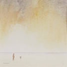 By your side dog walking on a beach at sunset original watercolour painting