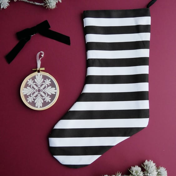 Black and White Striped Christmas Stocking - Large