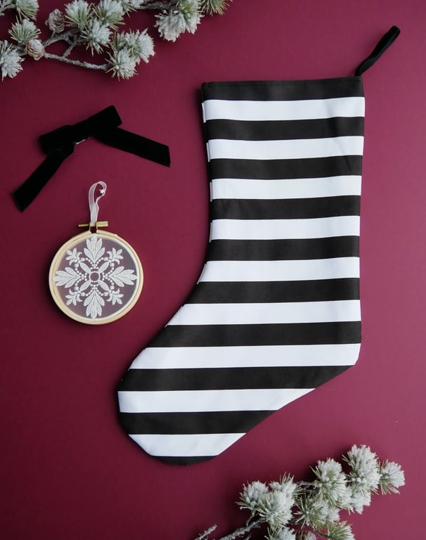 Black and White Striped Christmas Stocking - Large