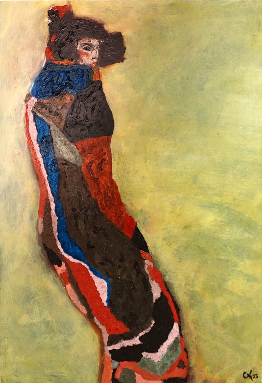 "Like Moa" Inspired by Schiele.  Oil Painting on wood panel 23x16in (59x41cm) 