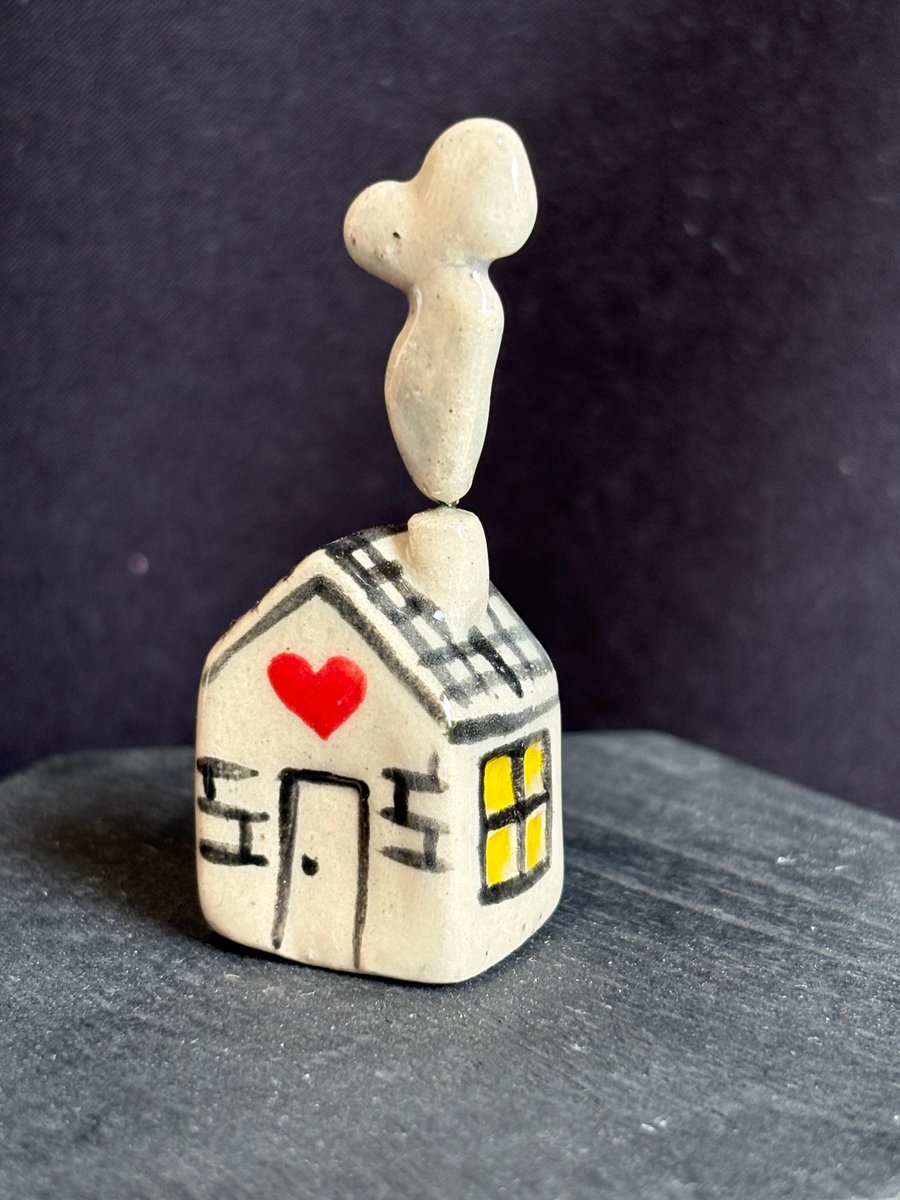 Teeny Hand-painted Ceramic House with Smoking Chimney