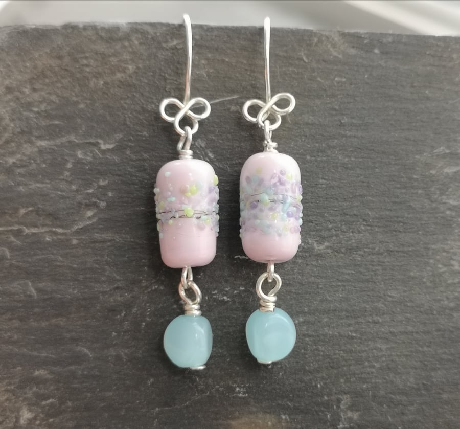 Pink lamp work bead and blue glass bead earrings with sterling silver ear wires 