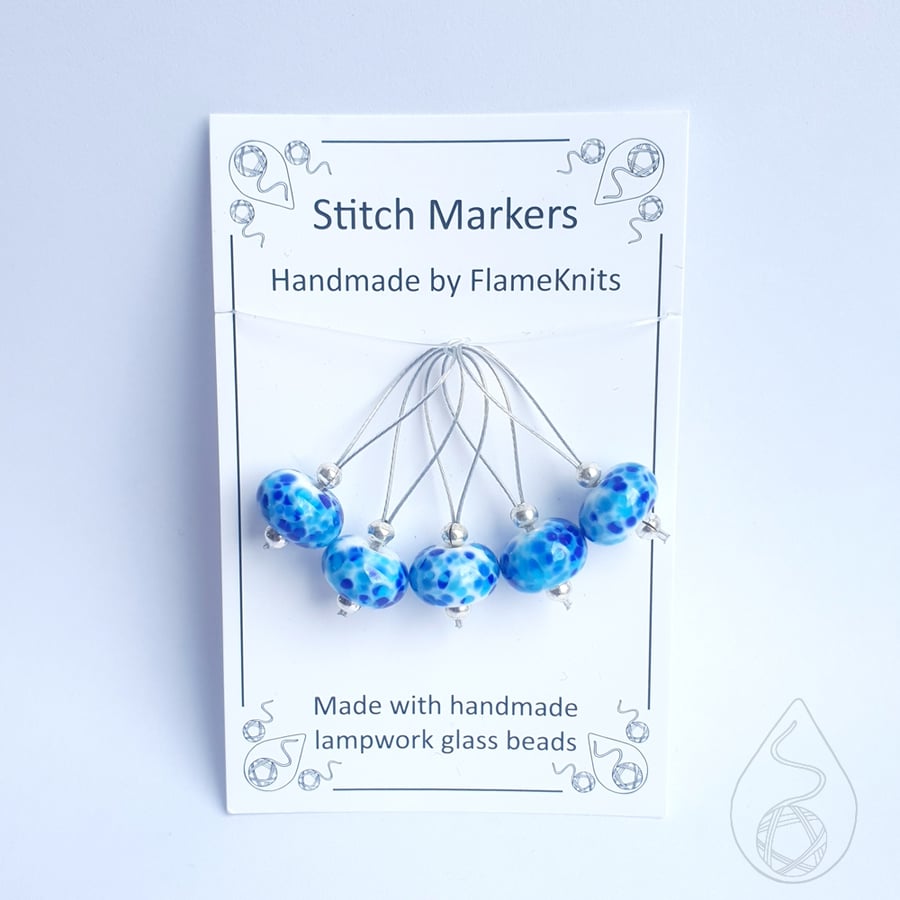 Lampwork Stitch Markers - Bright Speckled Blues