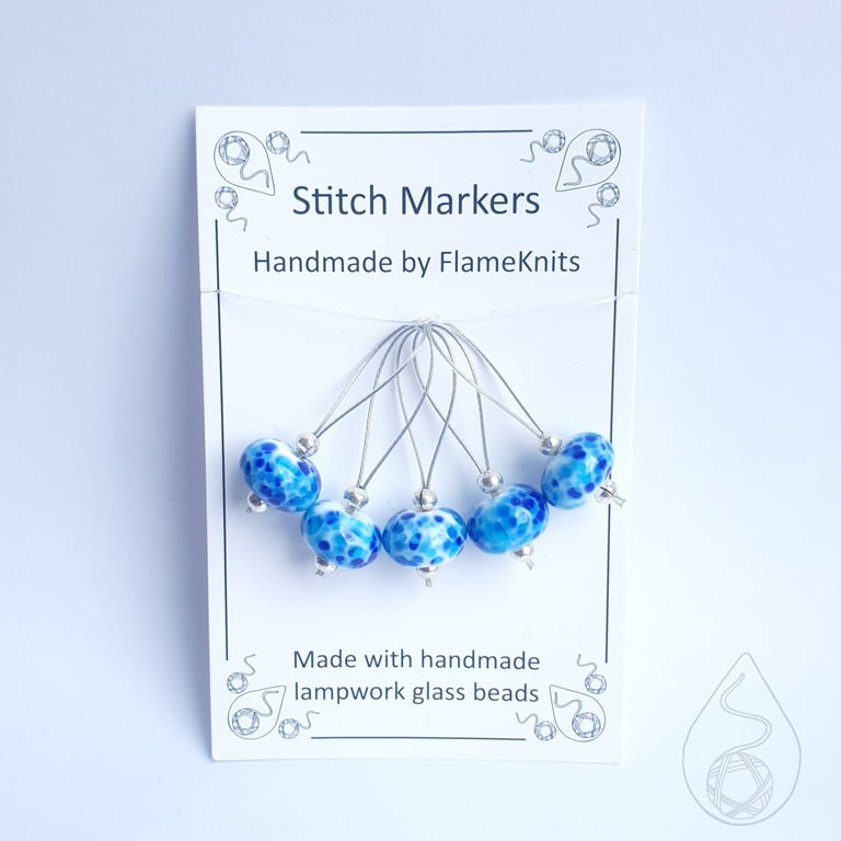 Lampwork Stitch Markers - Bright Speckled Blues