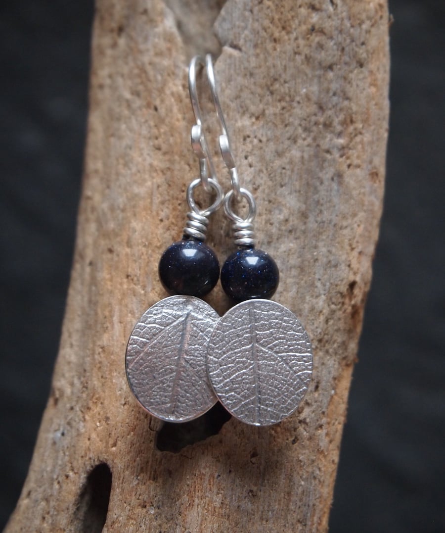 Silver Leaf Earrings, blue goldstone earrings