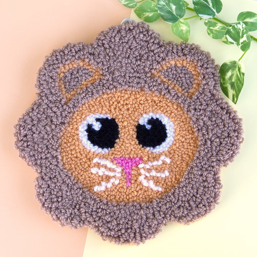 Cute Fuzzy Brown Lion Tufted Punch Needle Wall Art Hanging