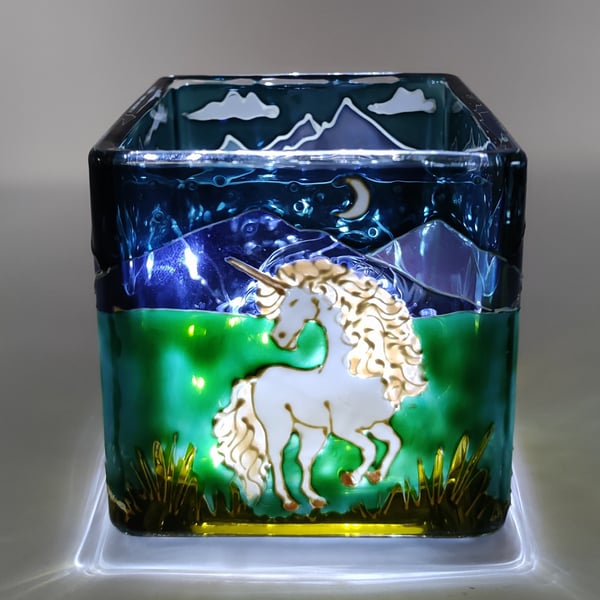 Candle holder, hand painted glass, unicorn, mountains