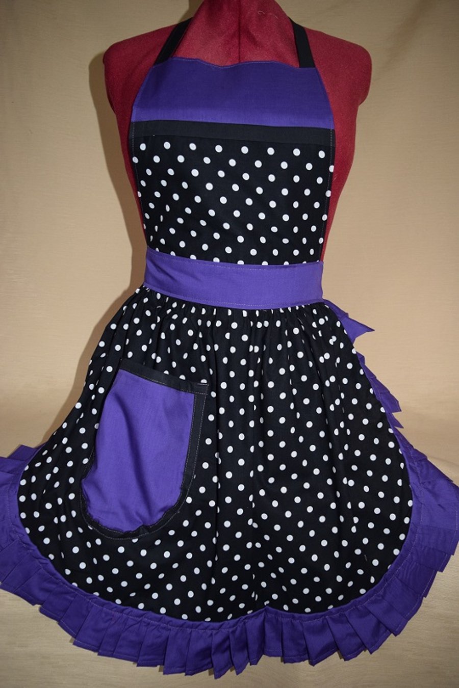 Vintage 50s Style Full Apron Pinny - Black & White Polka Dot with Purple Trim