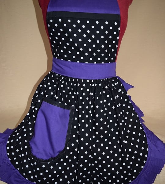 Vintage 50s Style Full Apron Pinny - Black & White Polka Dot with Purple Trim