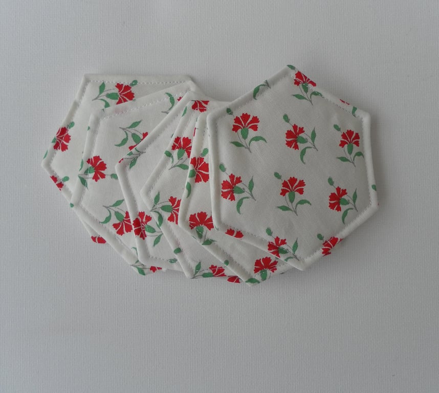 Coasters, Set of Six, Hexagonal, Fabric, Floral, White