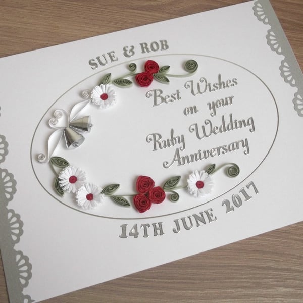 Handmade quilled ruby wedding anniversary card