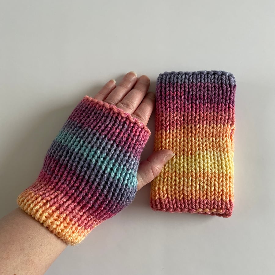 Rainbow Fingerless Gloves, Knitted Wrist Warmers, FREE DELIVERY