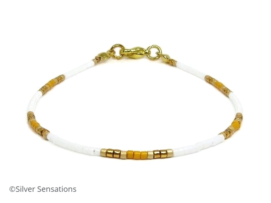 Orange, White & Gold Seed Bead Skinny Friendship Bracelet - 6.5" - 8.5"