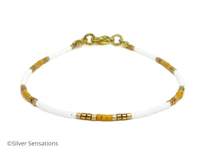 Orange, White & Gold Seed Bead Skinny Friendship Bracelet - 6.5" - 8.5"