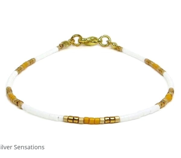 Orange, White & Gold Seed Bead Skinny Friendship Bracelet - 6.5" - 8"